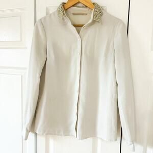 Ochirly Ivory White Button Down Blouse Women’s Size M Embroidered Gold Collar